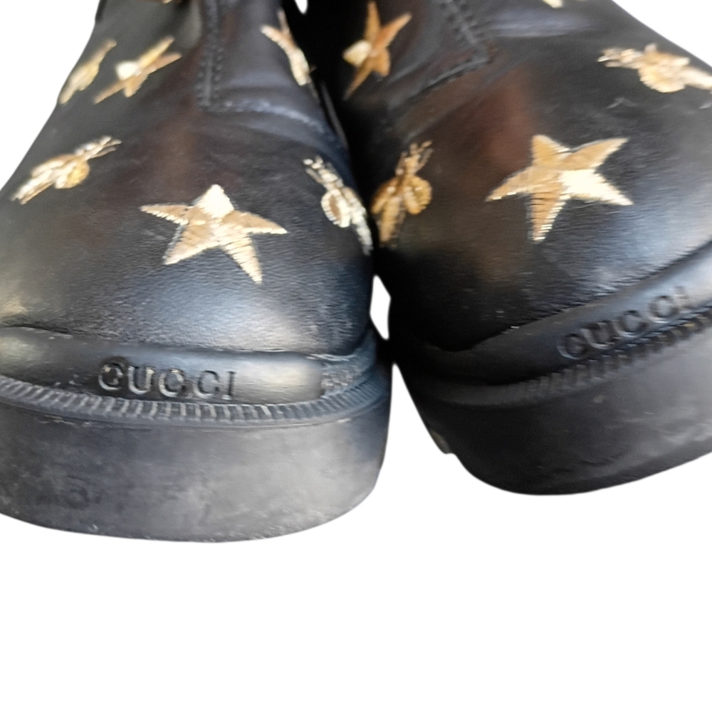 Gucci Stars and Bee Embroidered Leather Ankle Boots -Black Size 7.5 - 8 US - Picture 9 of 12